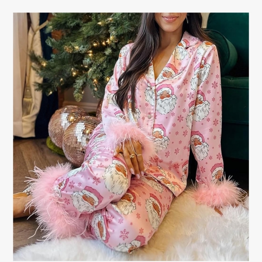 Women's Pink Feather Trim Pajama Set - Picture 2 of 6